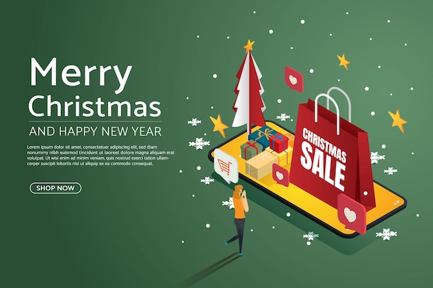 Mujer feliz compras online bolsa de papel caja de regalo en smartphone Feliz Navidad y próspero año nuevo