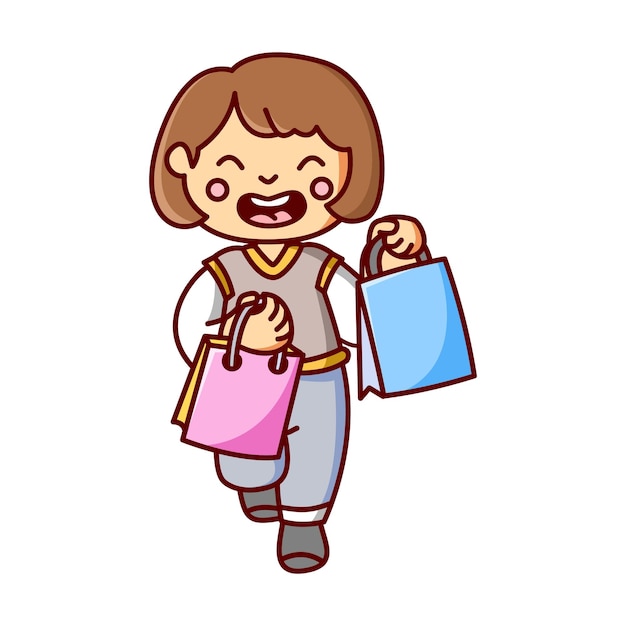 mujer feliz de compras que lleva bolsas de compras Ícono de ilustración vectorial Estilo de dibujos animados plano