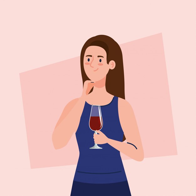 Vector mujer feliz con copa de vino, estilo de vida saludable, celebrando la fiesta