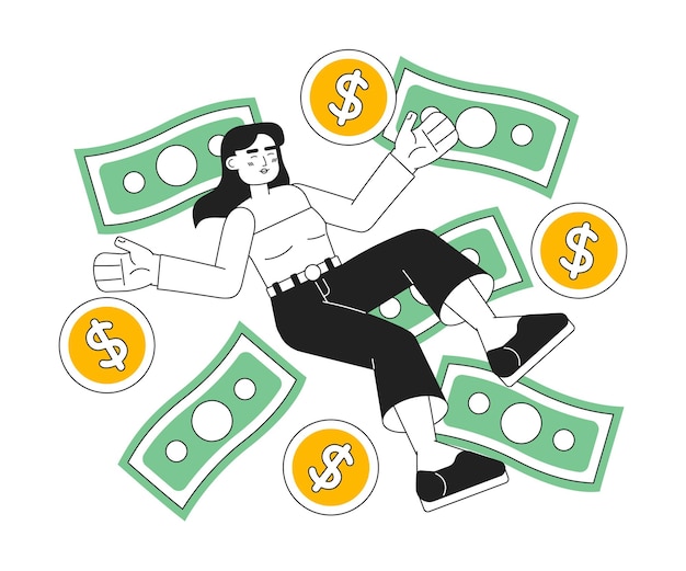 Mujer feliz entre el dinero Ilustración de puntos aislados monocromáticos vectoriales 2D