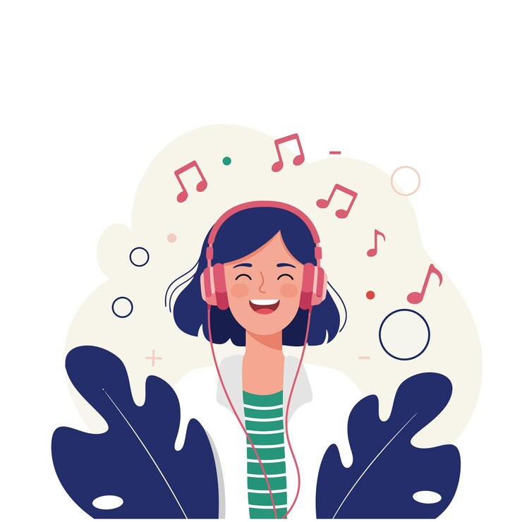 Vector mujer feliz escuchando música con auriculares rosados