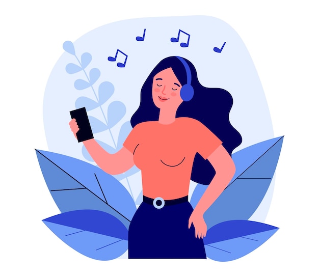 Mujer feliz escuchando música con auriculares. smartphone, nota, divertida ilustración plana