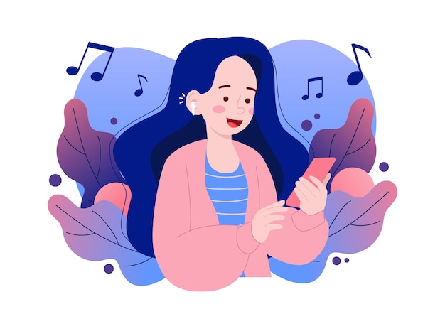 Mujer feliz escuchando la música con el concepto de estilo de diseño plano