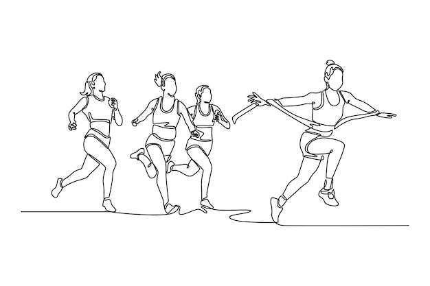 mujer feliz ganando la carrera y llegando primero a la línea de meta con la cinta