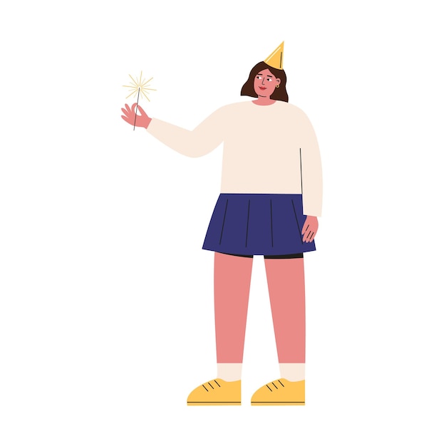 Mujer feliz en gorra de cumpleaños con bengala
