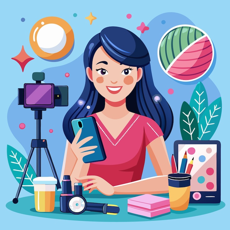 Vector una mujer feliz grabando un video en su teléfono con un trípode un maquillaje de taza de café y una tableta con muestras de maquillaje en la mesa
