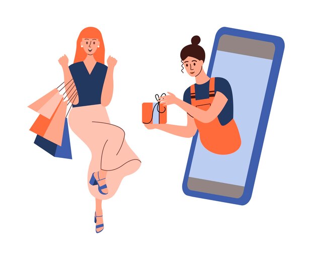 Mujer feliz haciendo compras en línea a través de teléfonos inteligentes con bolsas de compras Venta promocional de compras en línea Ilustración de vector plano