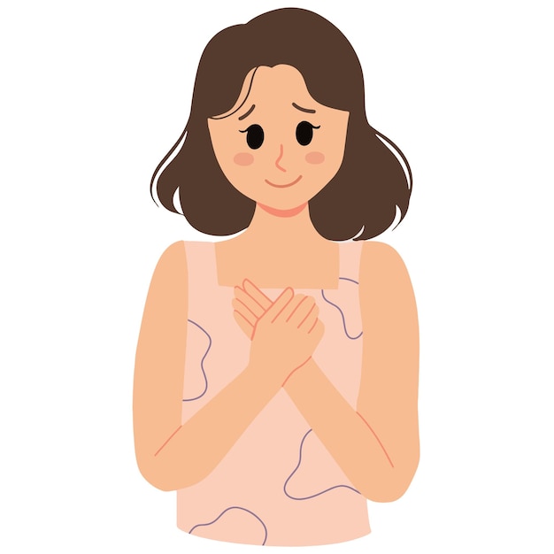 Vector mujer feliz halagada con la mano en la ilustración del pecho