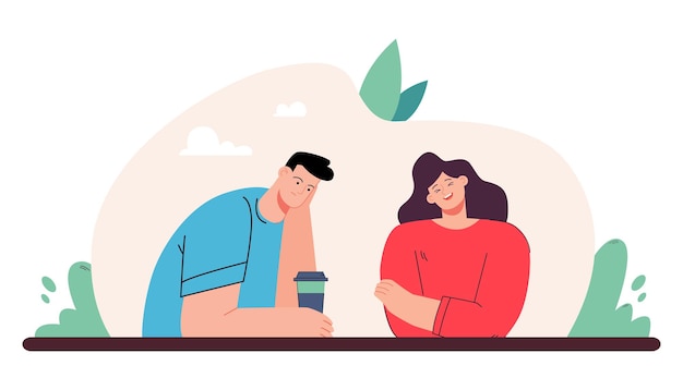 Mujer feliz y hombre distante sentados juntos a la mesa. Chica hablando con un compañero distante, persona que ignora al amante, mostrando indiferencia ilustración vectorial plana. Relación, familia, concepto de comunicación