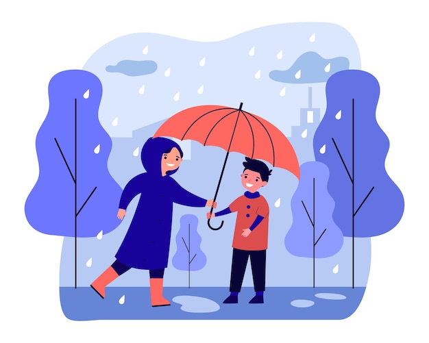 Mujer feliz en impermeable dando paraguas al niño. Persona cariñosa sonriente que cubre al chico de la lluvia. Concepto de tiempo de temporada de otoño. Ilustración de vector de dibujos animados plana, aterrizaje web.