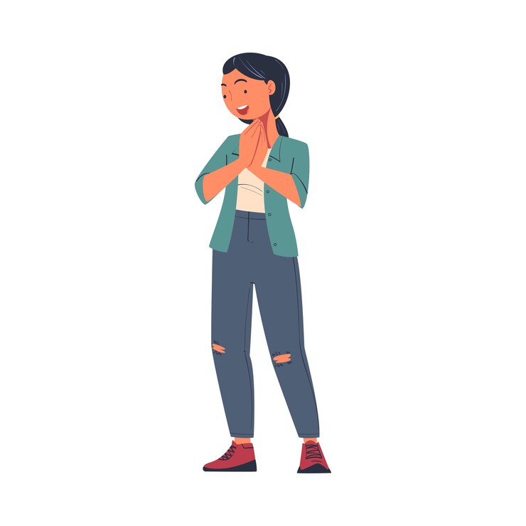 Vector mujer feliz jadeando de asombro con gratitud mirando hacia abajo a algo con vector de cara feliz