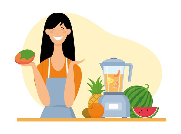 Mujer feliz joven que hace una bebida en una licuadora de frutas