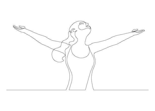 Mujer feliz levantando las manos en un ejercicio de relajación y respiración línea continua persona estiramiento