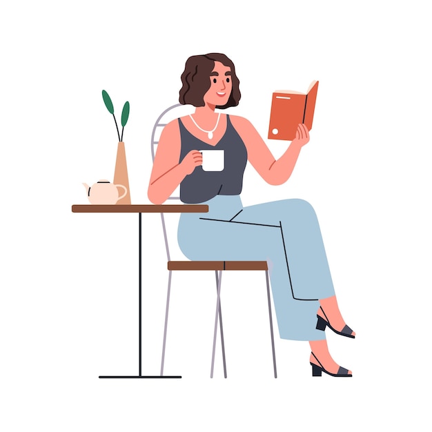 Mujer feliz leyendo un libro sentada en una mesa de cafetería Personaje de lector de niña sosteniendo literatura relajándose con una novela y una taza de café en su tiempo libre Ilustración vectorial plana aislada sobre fondo blanco