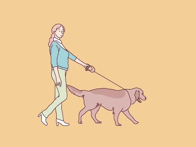 Mujer feliz mamá paseando a su perro ilustración de estilo coreano simple