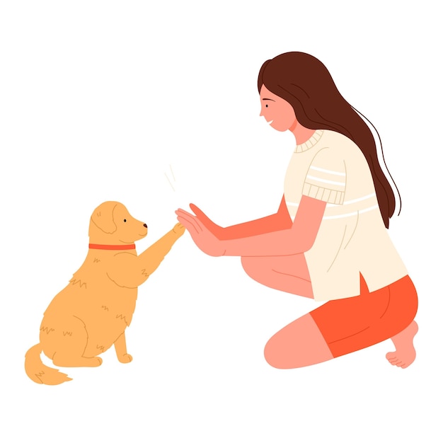 Mujer feliz con mascota de perro dando los cinco altos