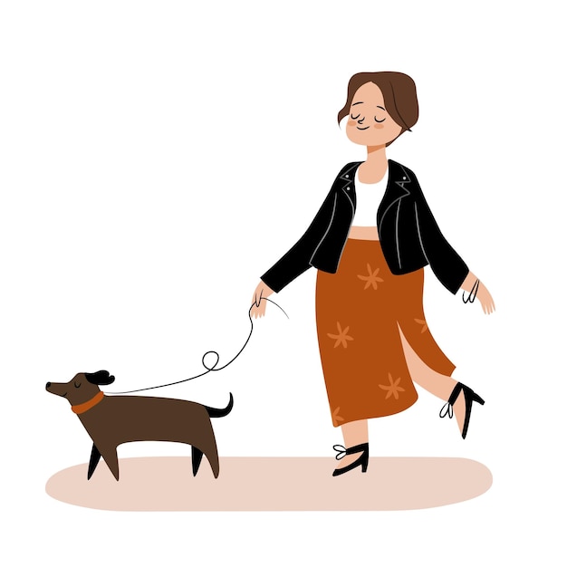 Vector mujer feliz paseando a un perro concepto de chica de moda de otoño