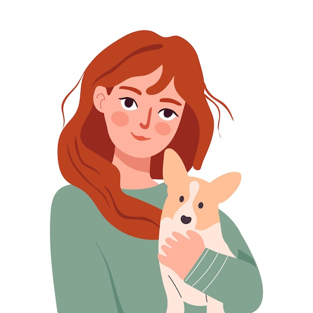 Mujer feliz con perro corgi Propiedad de mascotas Padre de mascota Feliz Año Mew y día de los gatos Vector