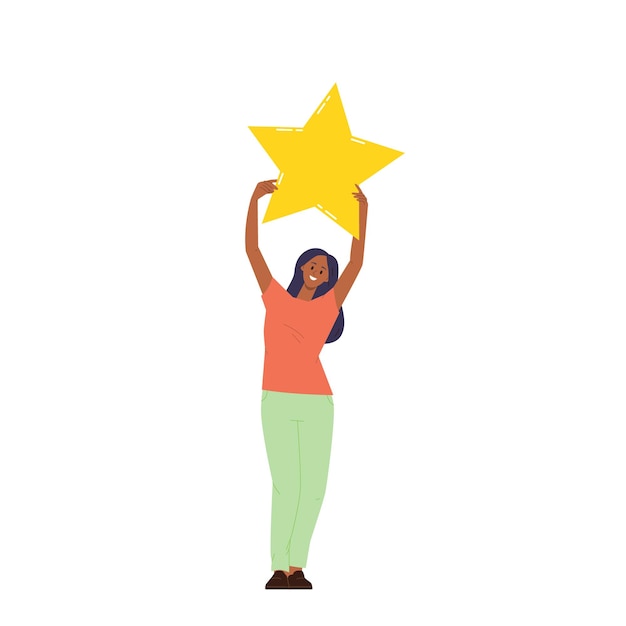 Mujer feliz personaje de dibujos animados con una enorme calificación dorada estrella ilustración vectorial aislada en fondo blanco Opinión del usuario comentarios del consumidor premio de rango del cliente o concepto de testimonios de clientes