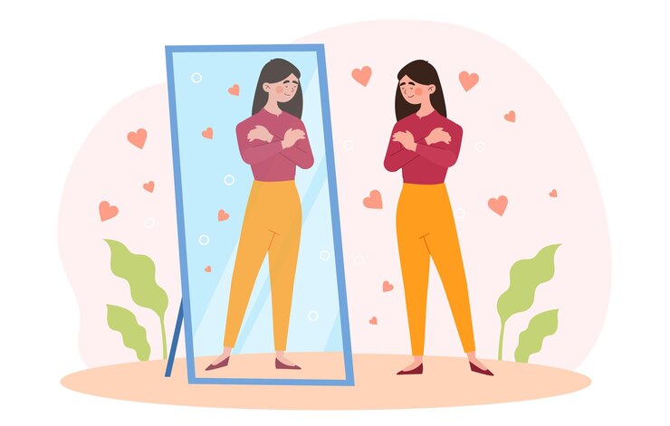 Vector mujer feliz de pie ante el espejo y abrazarse narcisismo afirmaciones positivas cuerpo positivo yo