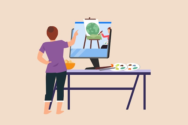 Mujer feliz pintando en la computadora por el concepto Virtualmente en línea Ilustración vectorial plana