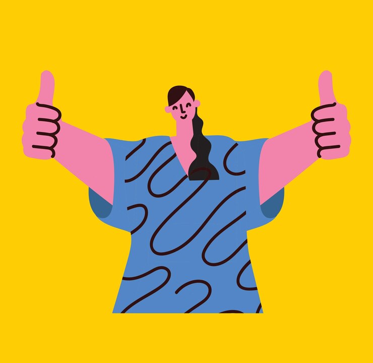 Vector mujer feliz positiva gestando con las manos dedos amor apoyo solidaridad ok expresiones