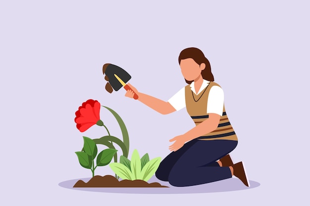 Mujer feliz que se preocupa por las plantas en macetas interiores Concepto de jardinería y plantas de interior en crecimiento Ilustración de vector plano de color aislado