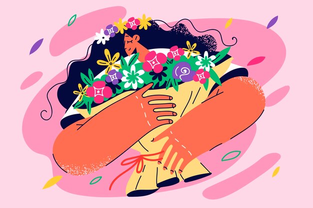 Vector mujer feliz con ramo de flores