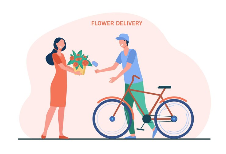Vector mujer feliz recibiendo flores de mensajería