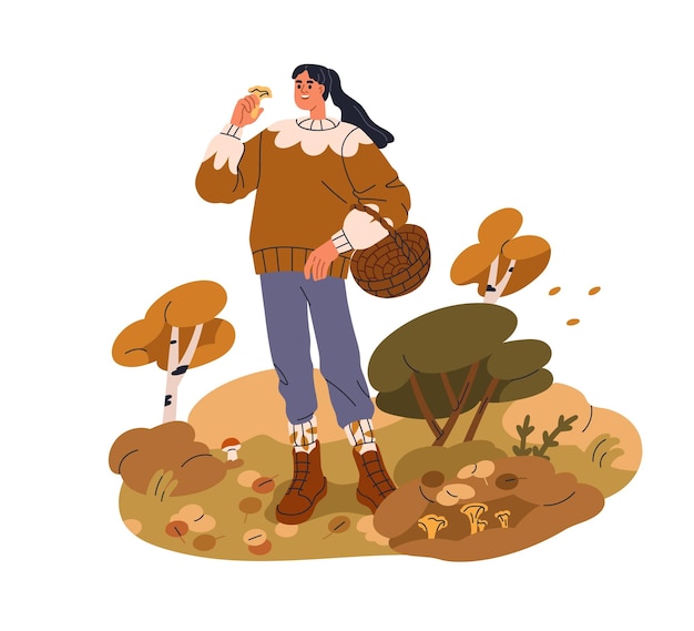 Mujer feliz recogiendo setas caminando en el bosque de otoño cargando una canasta de mimbre Hembra de setas recogiendo chanterelles disfrutando al aire libre Ilustración vectorial plana aislada sobre fondo blanco