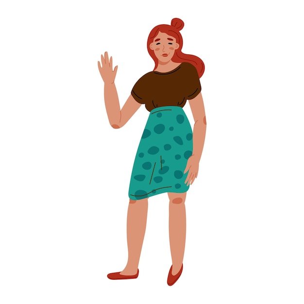 Mujer feliz saludando con la mano diciendo hola hola Amable personaje femenino sonriente caminando y dando la bienvenida Ilustración de vector gráfico plano aislado sobre fondo blanco
