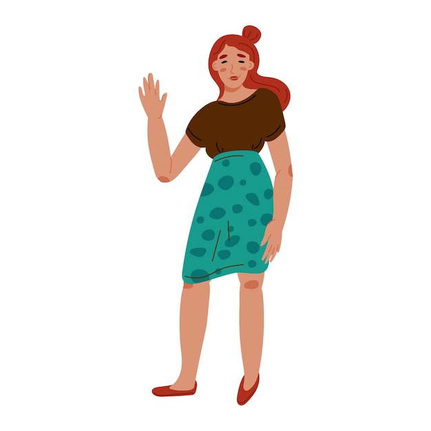 Mujer feliz saludando con la mano diciendo hola hola amable personaje femenino sonriente caminando y dando la bienvenida ilustración de vector gráfico plano aislado sobre fondo blanco