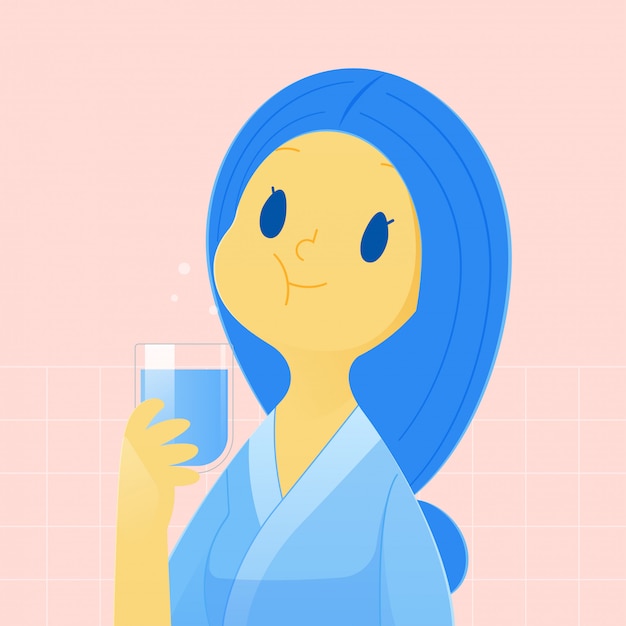 Mujer feliz sana enjuagar y hacer gárgaras mientras usa enjuague bucal de un vaso. durante la rutina diaria de higiene oral. concepto de salud dental e ilustración