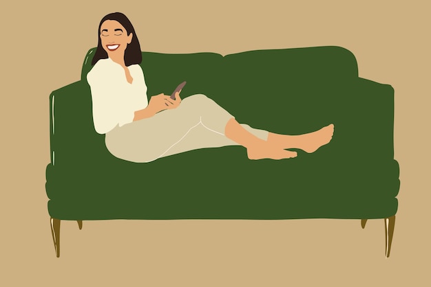 Vector mujer feliz con smartphone sentada en el sofá verde mientras sonríe a la cámara concepto de estilo de vida y comodidad hogareña ilustración vectorial plano y pastel