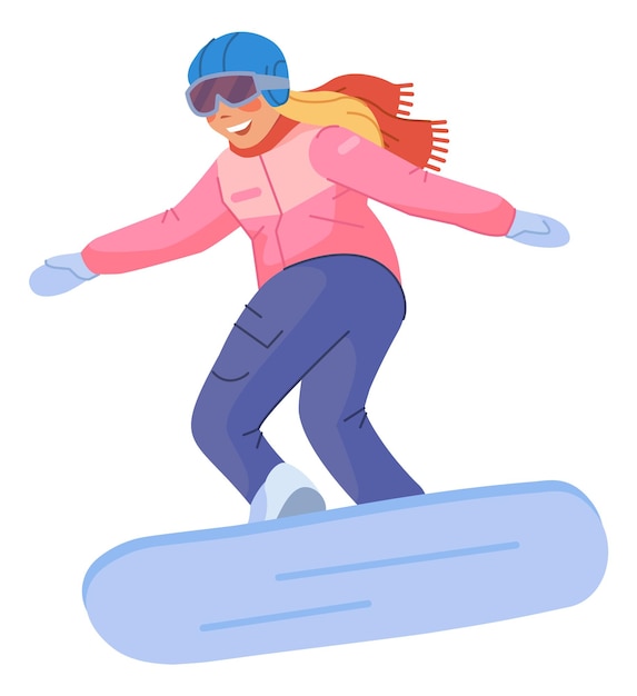 Mujer feliz en snowboard concepto de estilo de vida activo aislado sobre fondo blanco.