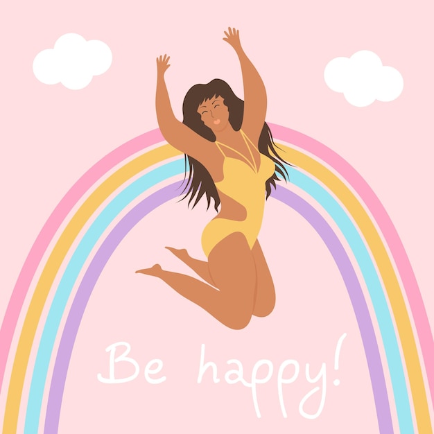 Mujer feliz con sobrepeso en traje de baño está saltando nubes de arco iris y ser feliz cita cuerpo positivo