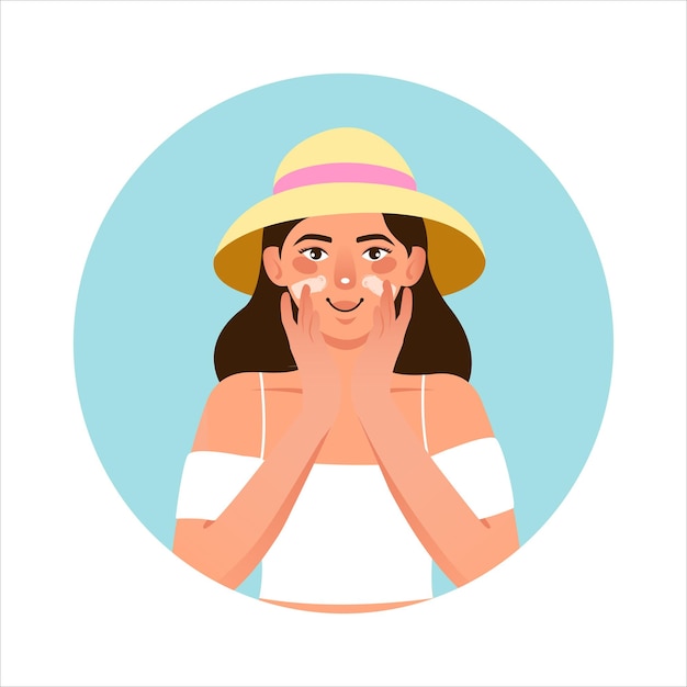 Vector mujer feliz con sombrero aplicando protector solar om su cara spf usando ilustración vectorial de dibujos animados