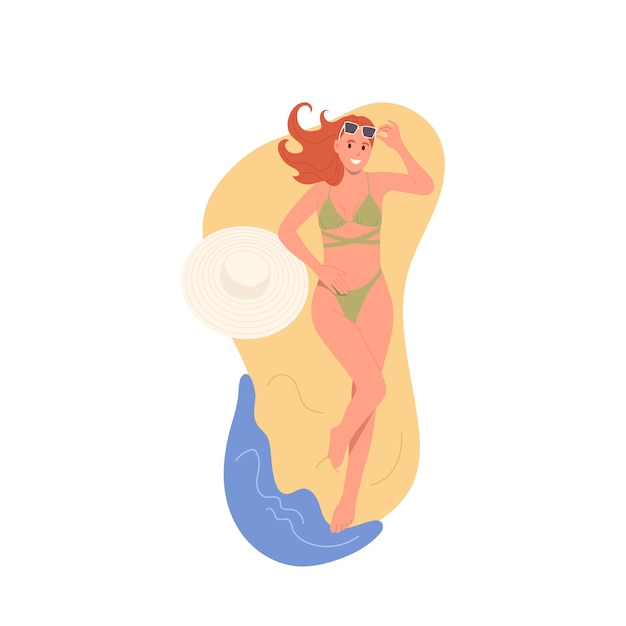 Mujer feliz sonriente personaje turístico femenino de dibujos animados acostado en la playa de arena de verano a la orilla del mar mirando hacia arriba quitando sus gafas de sol diseño de ilustración vectorial de vista superior tiempo de verano y concepto de vacaciones