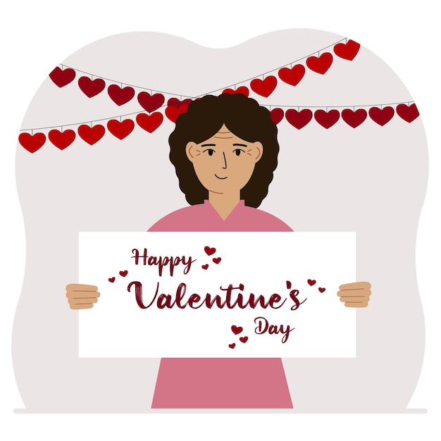 Mujer feliz sosteniendo un cartel con texto Feliz Día de San Valentín y corazones rojos Concepto de amor Feliz Día de San Valentín fondo de pantalla cartel postal o felicitación