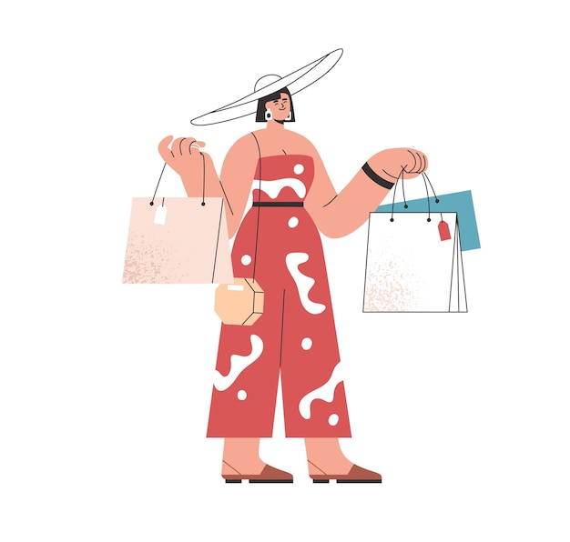 Mujer feliz sosteniendo muchas bolsas de compras. Comprador de moda con compras en las manos. Comprador después de la venta. Cliente de moda que lleva muchos paquetes. Ilustración de vector plano aislado sobre fondo blanco.