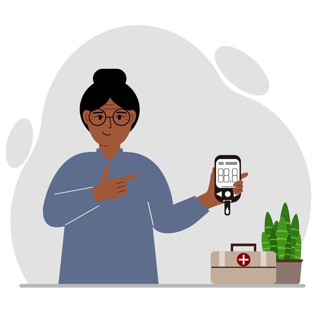 Mujer feliz sostiene un glucómetro en su mano El concepto de control de azúcar en sangre diabético Vector ilustración plana