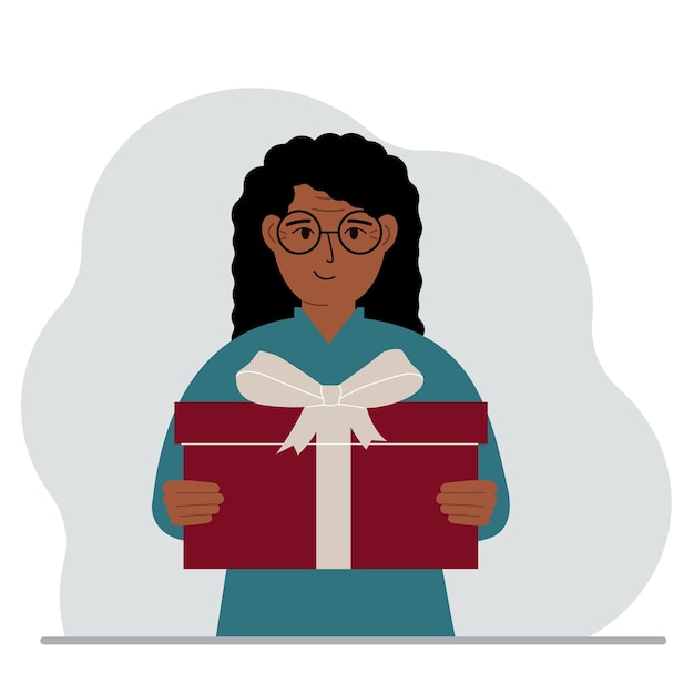 Mujer feliz sostiene una gran caja de regalo con un lazo en sus manos Vector ilustración plana