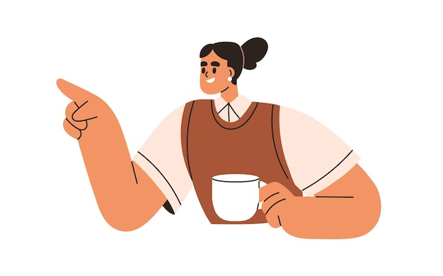 Mujer feliz con taza de café señalando con el dedo durante la comunicación en el trabajo empleada de oficina sonriente hablando en la pausa de té Ilustración vectorial plana aislada en fondo blanco