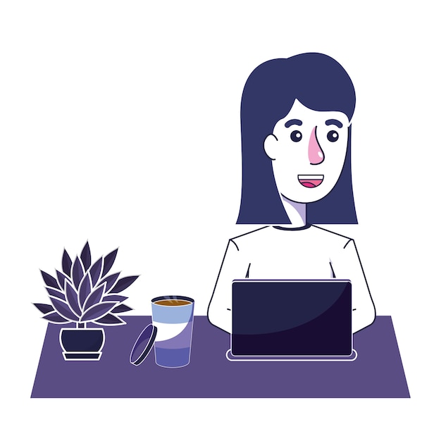 Mujer feliz con tecnología portátil y café
