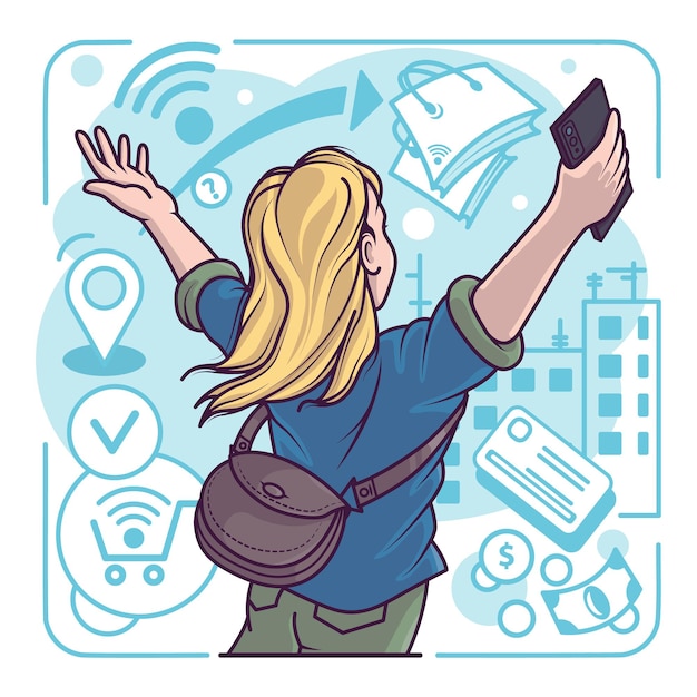 Mujer feliz con teléfono inteligente hace compras solicitando entrega a domicilio pago sin efectivo