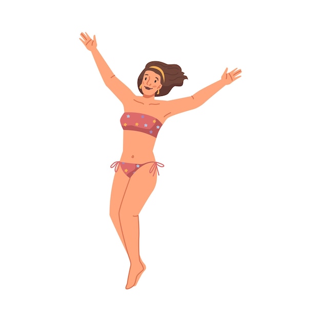 mujer feliz, en, traje de baño, saltar, persona, en, traje de baño