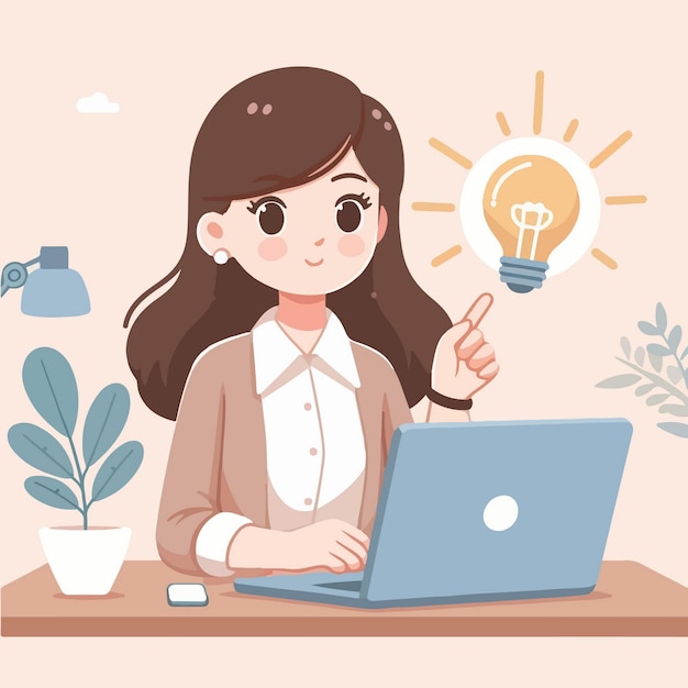 Mujer feliz tuvo idea de explicar algo ilustración de dibujos animados
