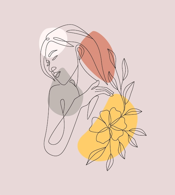 Vector mujer femenina con flores con concepto de arte de línea mínima