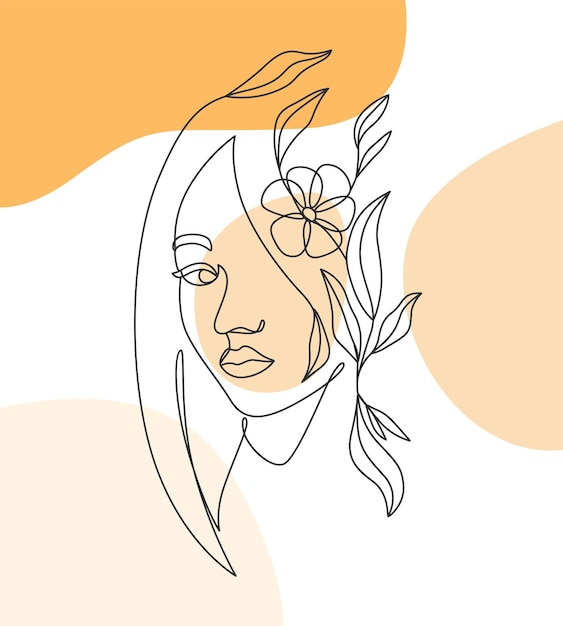 Vector mujer femenina con flores con un concepto de arte de línea mínima a