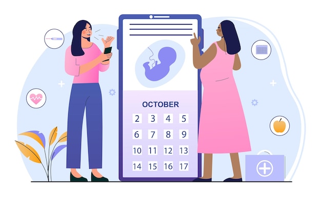 Vector la mujer fértil está utilizando una aplicación móvil para el control del embarazo y el parto.